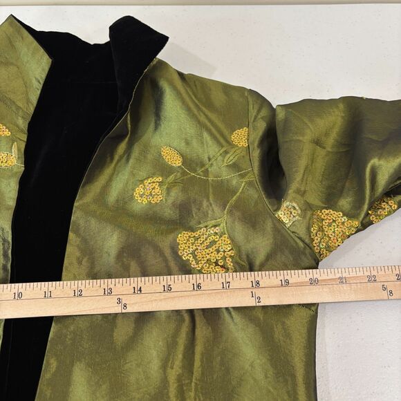 Iridescent Green Satin Velvet Jacket Embroidered Reversible Floral Women L MotB - Picture 10 of 11